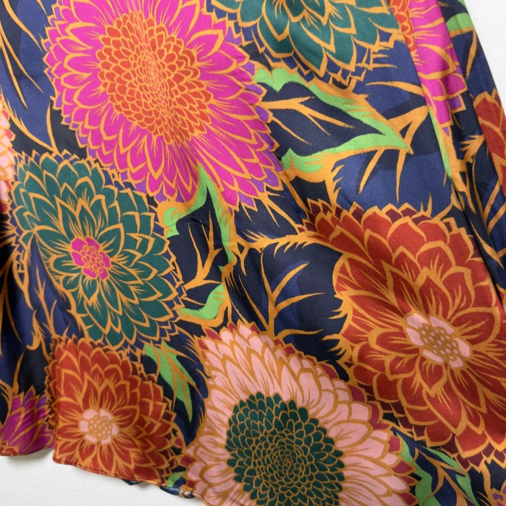 Farm Rio Women Top Small Multicolor Vintage Garden Satin Mock Neck Puff Sleeve